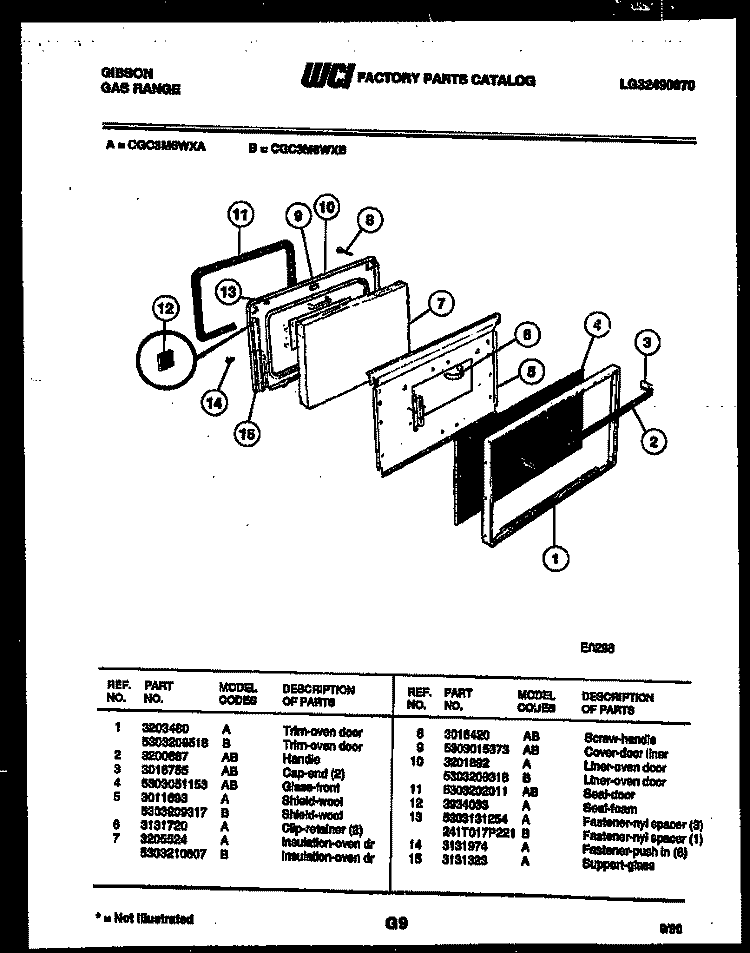 DOOR PARTS Diagram and Parts List for CGC3M6WXA  Gibson Range