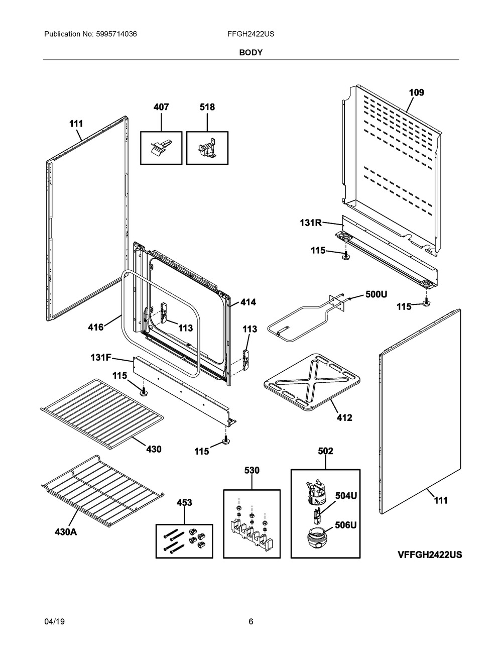 Body Diagram and Parts List for FFGH2422US  Frigidaire Range