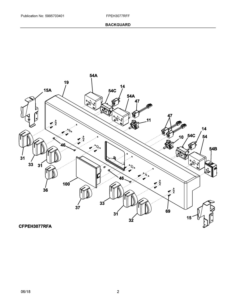 Backguard Diagram and Parts List for FPEH3077RFF  Frigidaire Range