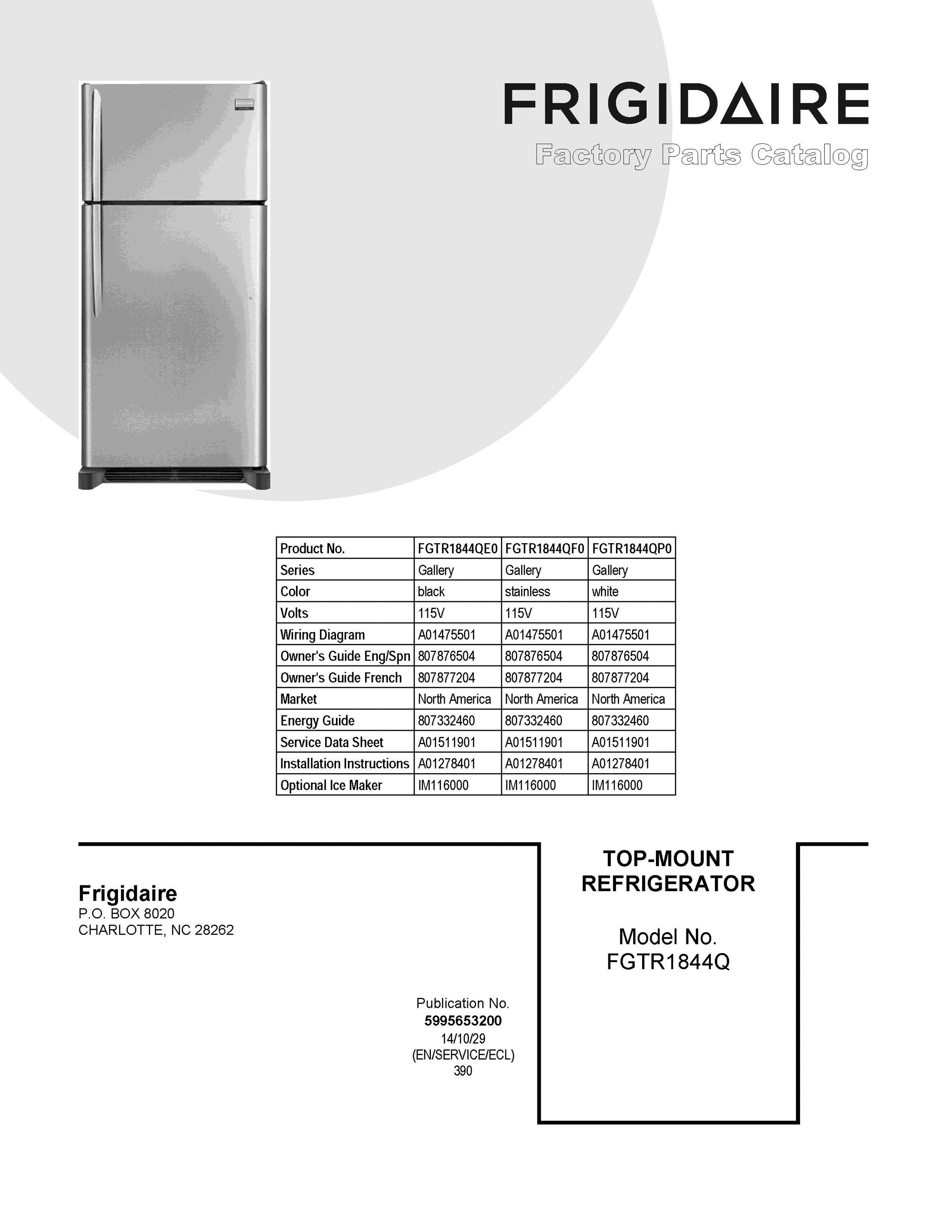 01 - COVER SHEET Diagram and Parts List for FGTR1844QP0  Frigidaire Refrigerator