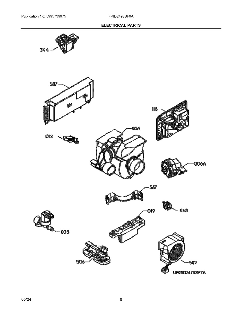 Electrical Parts Diagram and Parts List for FPID2498SF9A  Frigidaire Dishwasher