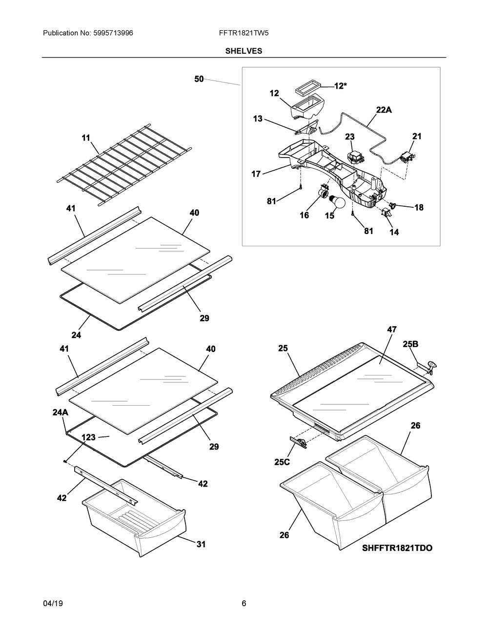 Shelves Diagram and Parts List for FFTR1821TW5  Frigidaire Refrigerator