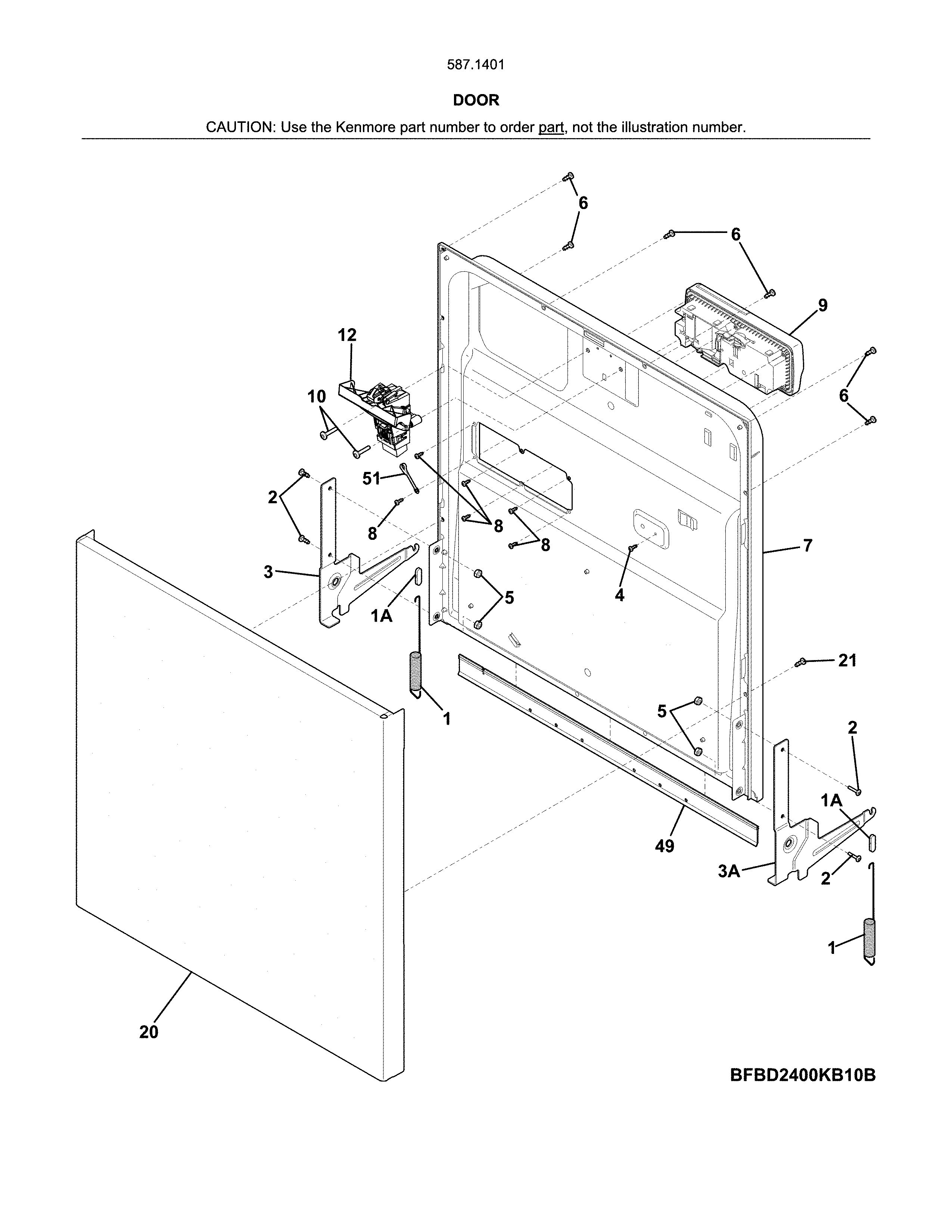 Door Diagram and Parts List for 58714013415B  Kenmore Dishwasher