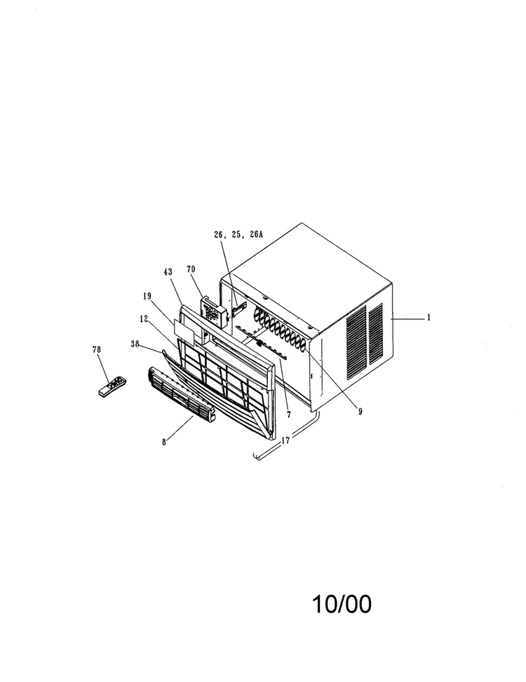 Cabinet Front And Wrapper Diagram and Parts List for FAL124J1A1  Frigidaire Air Conditioner