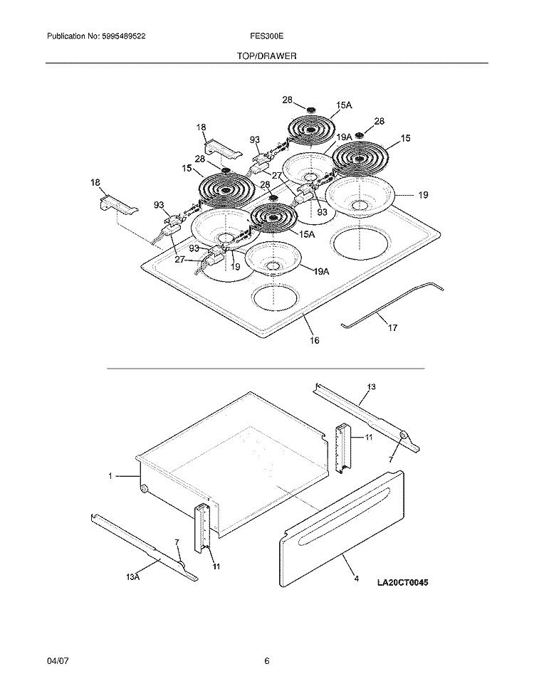 TOP / DRAWER Diagram and Parts List for FES300EBD  Frigidaire Range