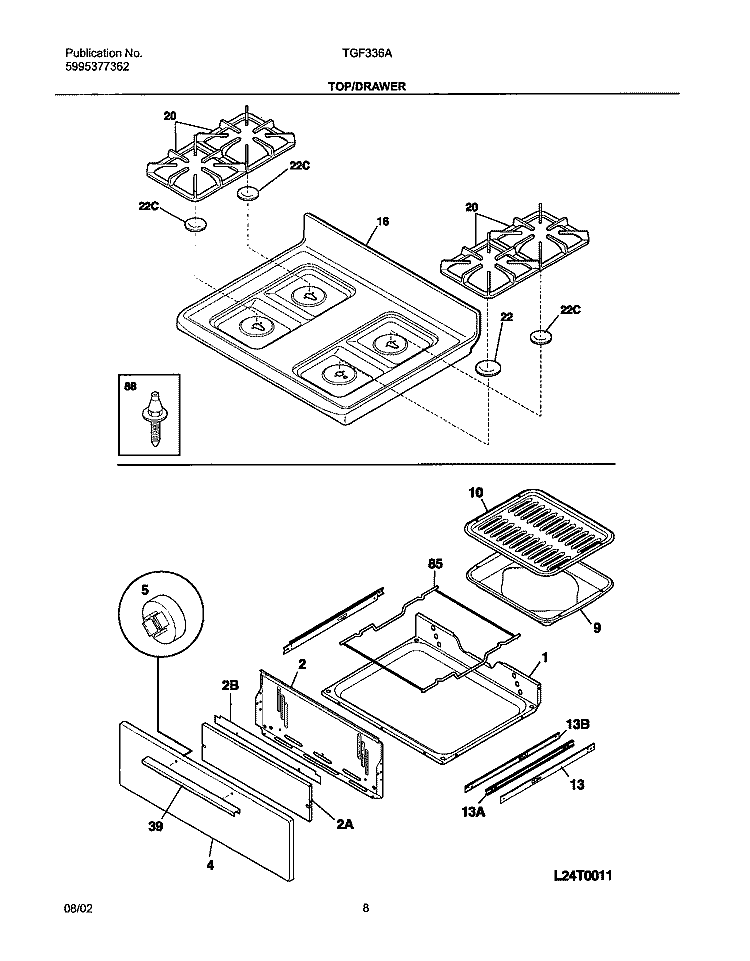 TOP / DRAWER Diagram and Parts List for TGF336AUA  Tappan Range