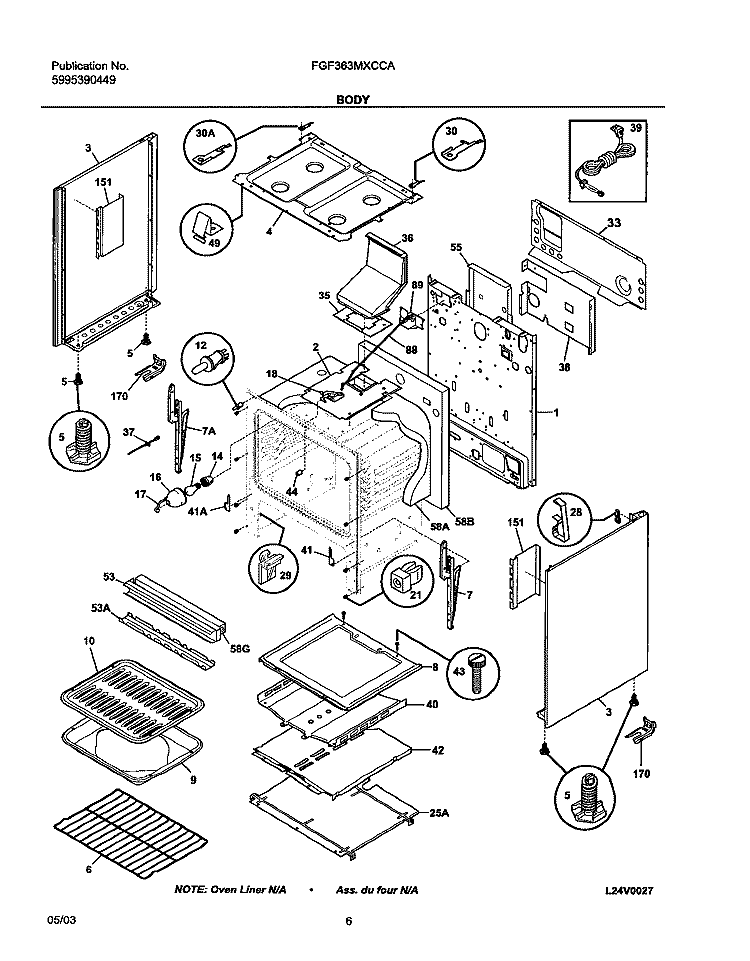 BODY Diagram and Parts List for FGF363MXCCA  Frigidaire Range