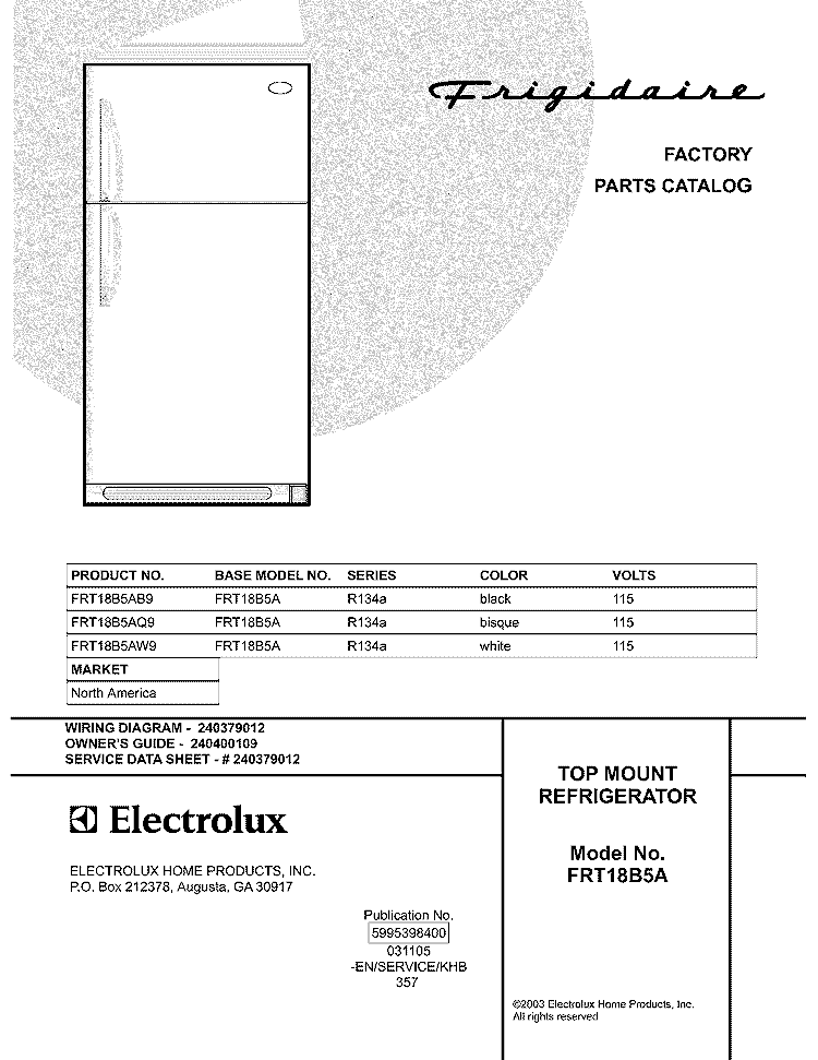 COVER Diagram and Parts List for FRT18B5AQ9  Frigidaire Refrigerator