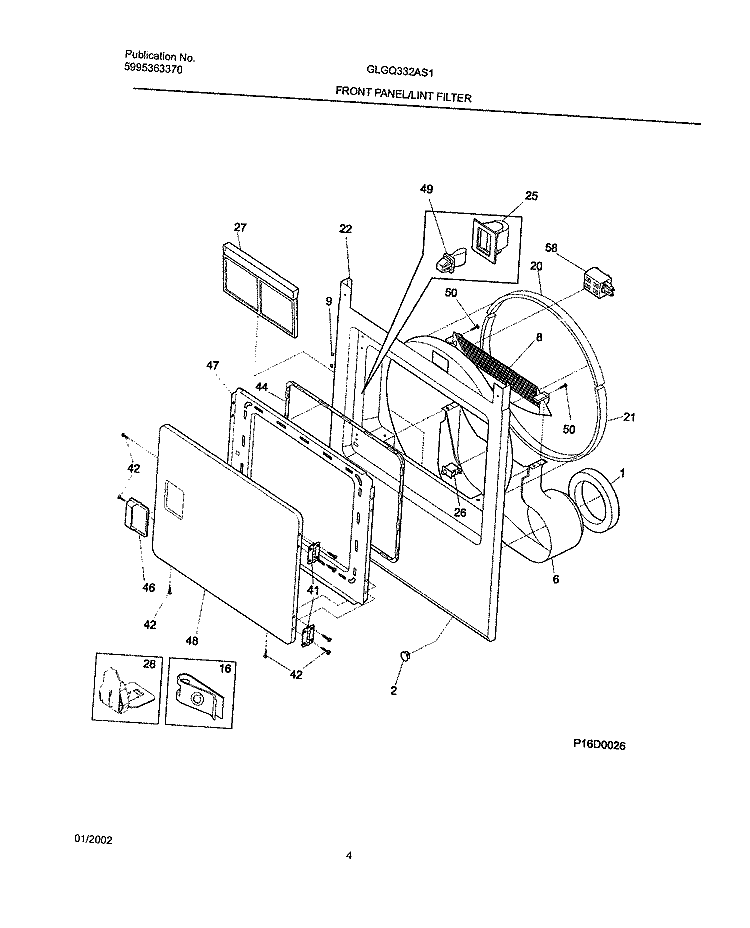 FRNT PNL, DOOR Diagram and Parts List for GLGQ332AS1  Frigidaire Dryer