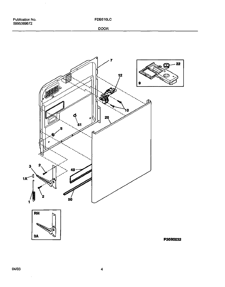 DOOR Diagram and Parts List for FDB510LCB0  Frigidaire Dishwasher