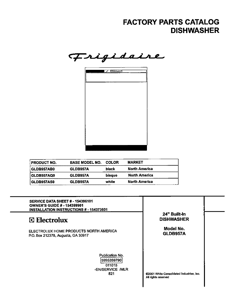 COVER Diagram and Parts List for GLDB957AQ0  Frigidaire Dishwasher
