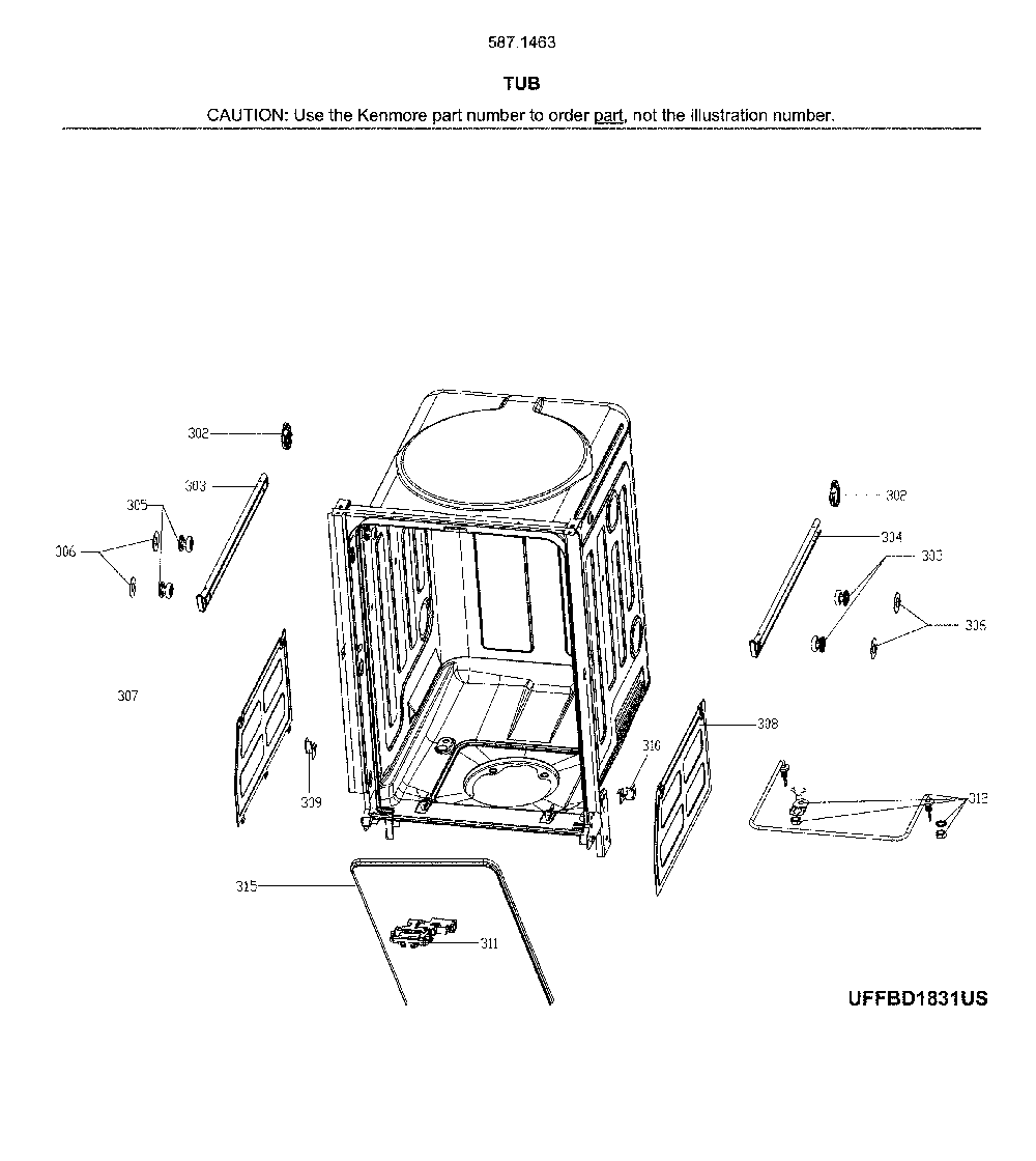 Tub Diagram and Parts List for 58714639J01B  Kenmore Dishwasher