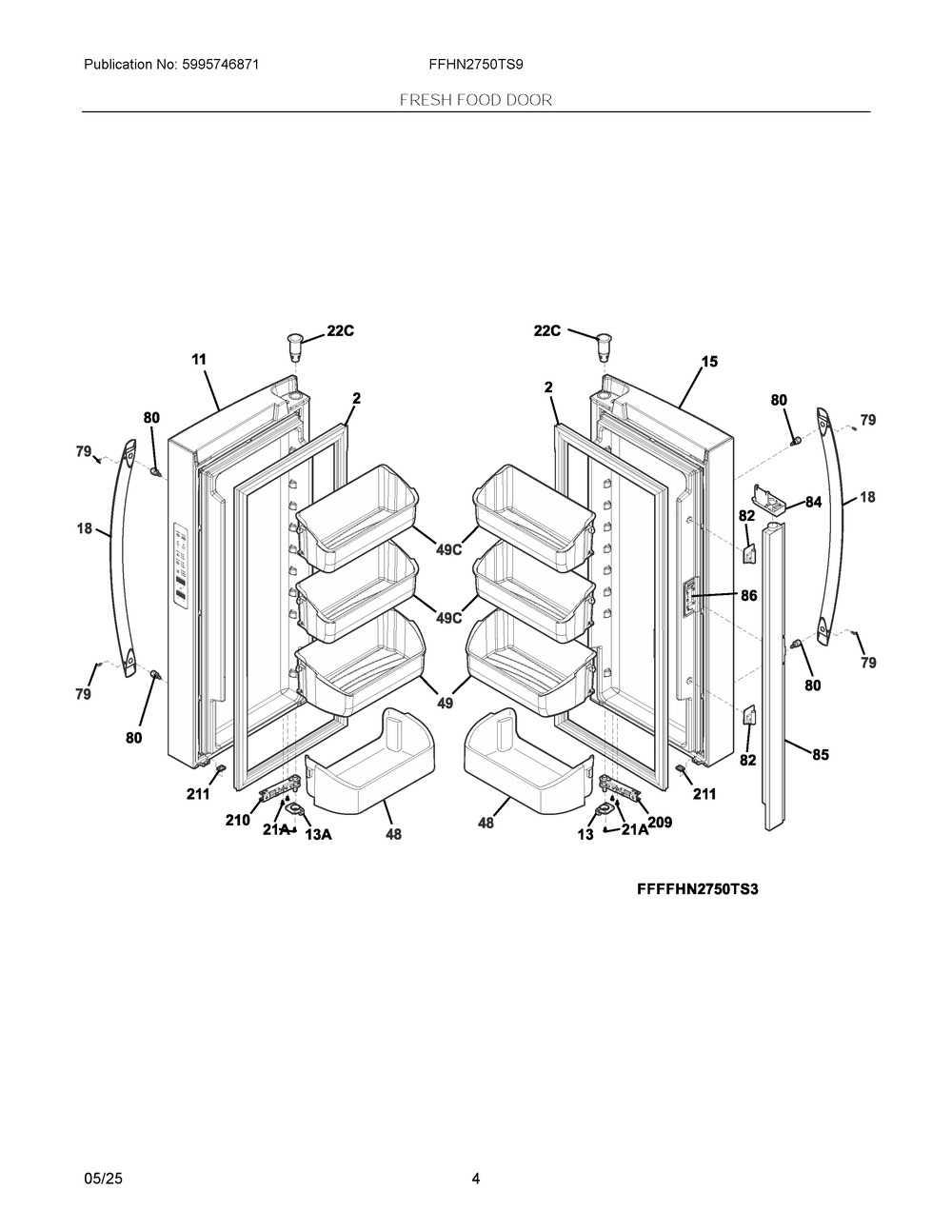 Fresh Food Door Diagram and Parts List for FFHN2750TS9  Frigidaire Refrigerator