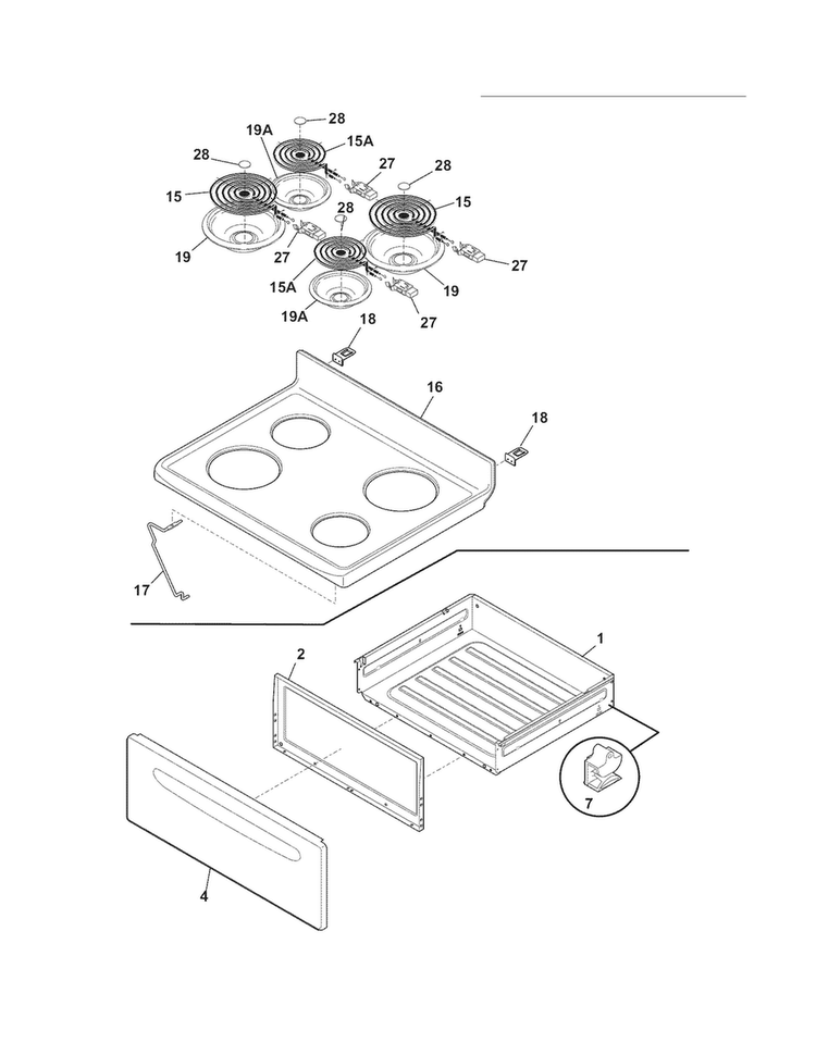 Top/drawer Diagram and Parts List for FFEF3015LBD  Frigidaire Range