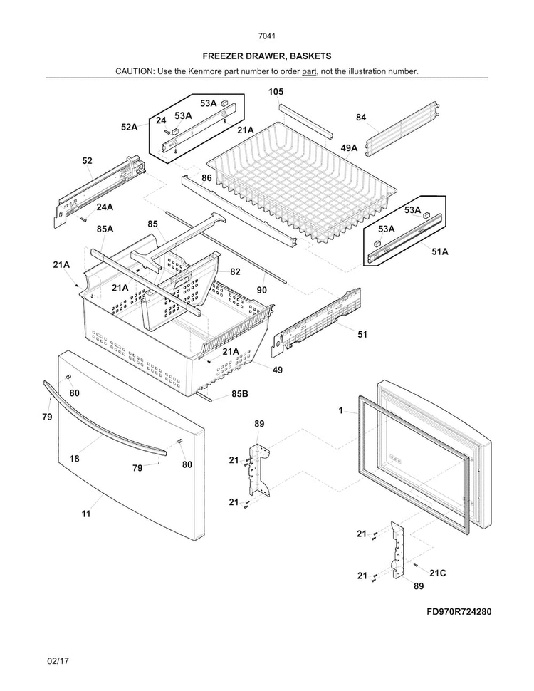 Freezer Drawer, Baskets Diagram and Parts List for 2537041341A  Kenmore Refrigerator
