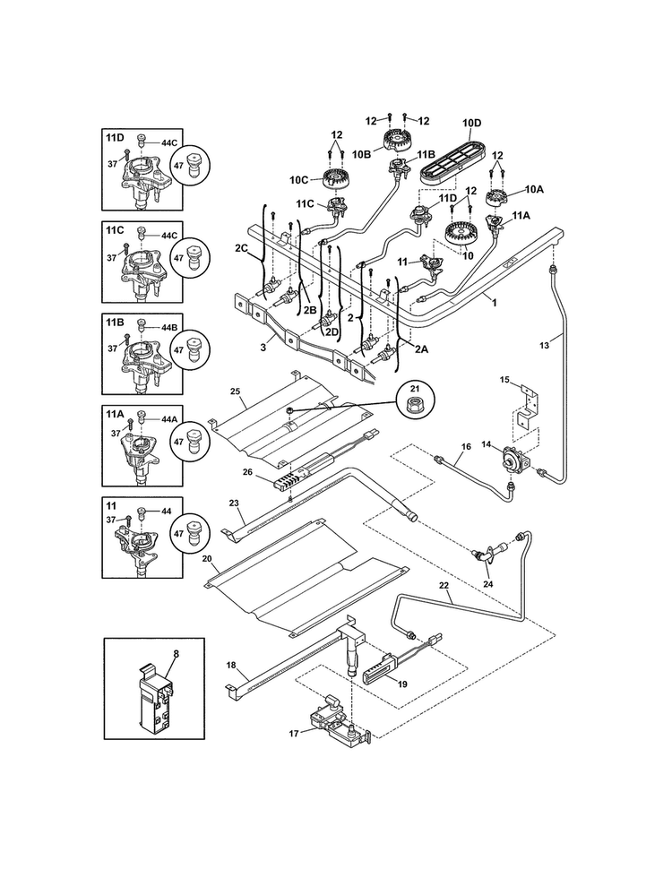 Burner Diagram and Parts List for BGGF3042KFP  Frigidaire Range