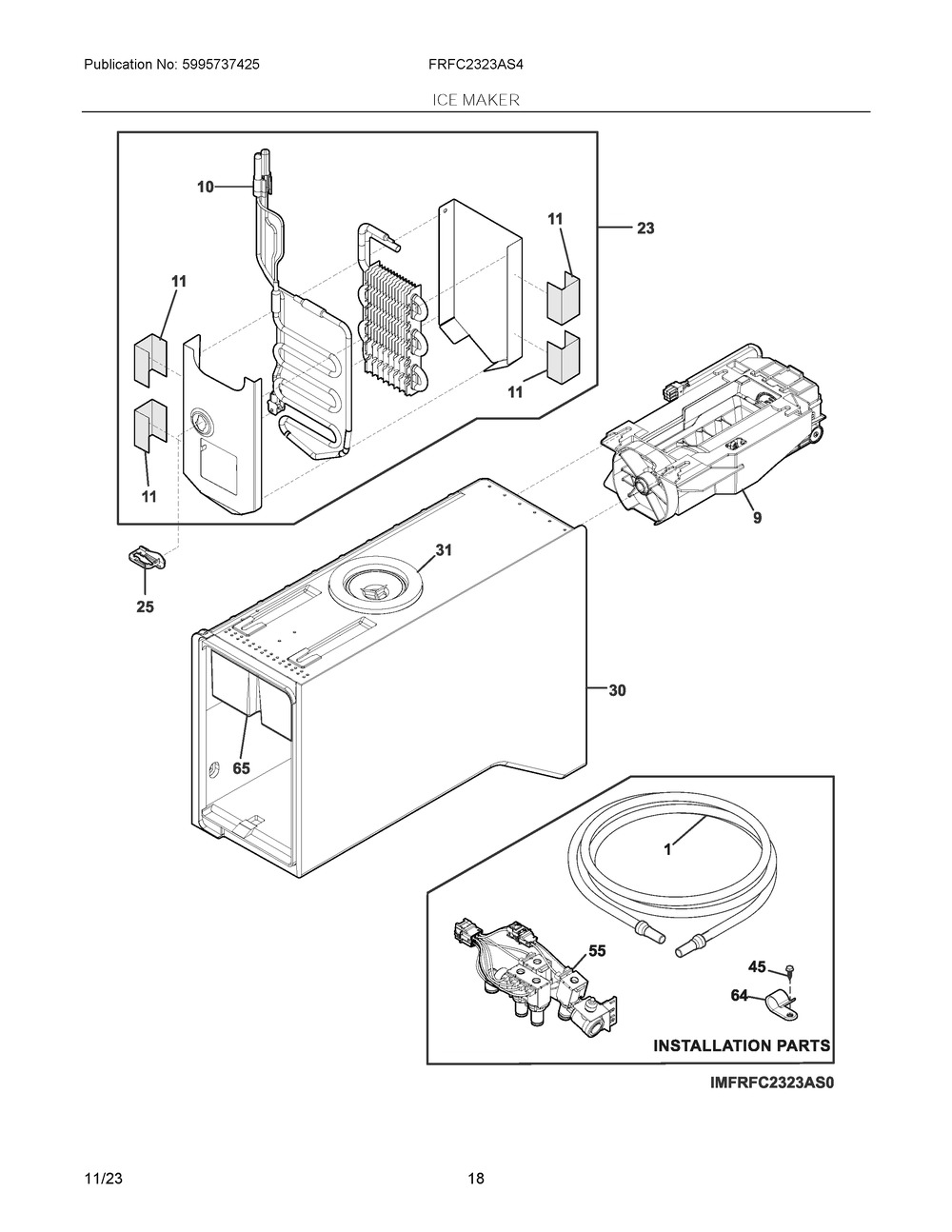 Ice Maker Diagram and Parts List for FRFC2323AS4  Frigidaire Refrigerator