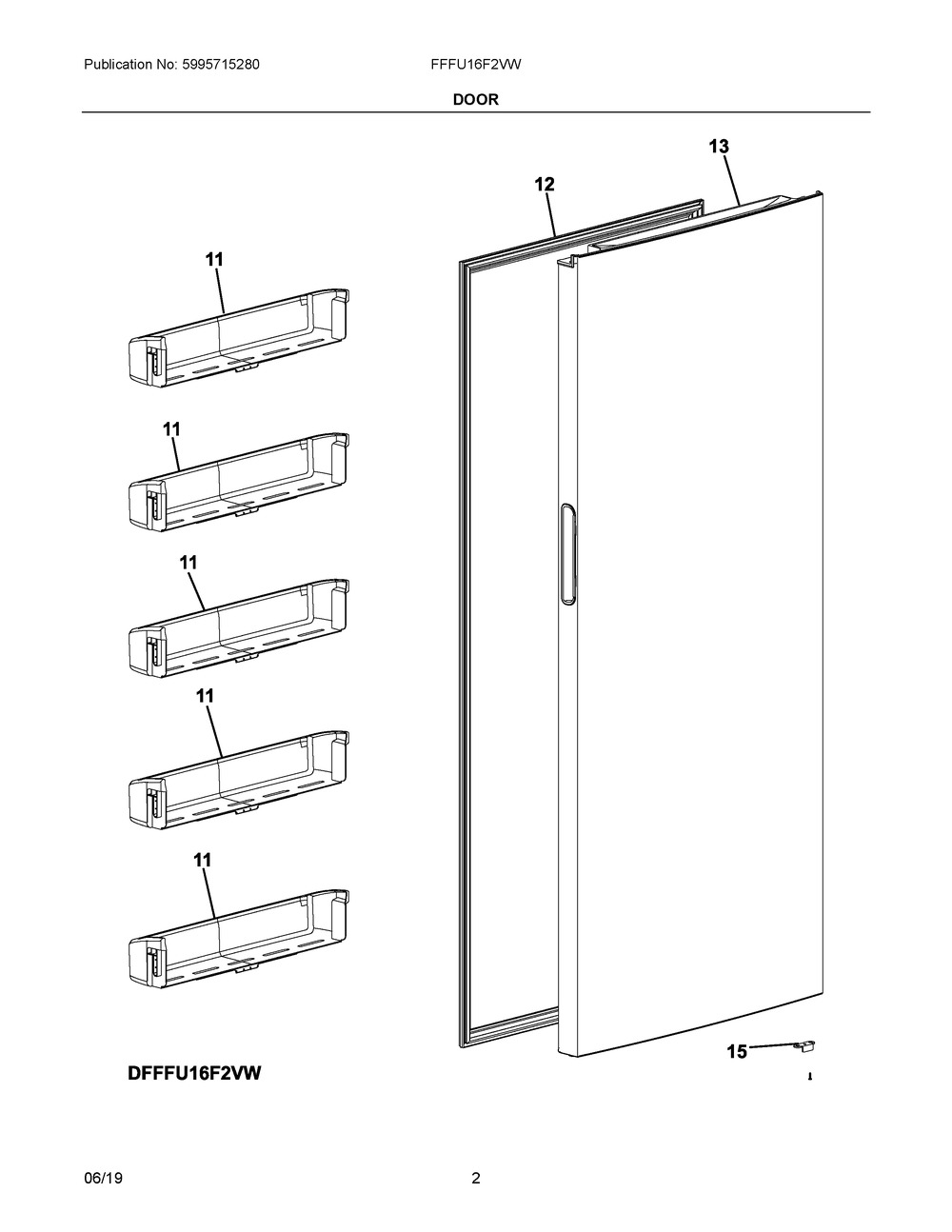 Door Diagram and Parts List for FFFU16F2VW  Frigidaire Freezer