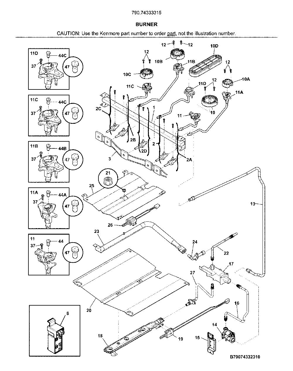 Burner Diagram and Parts List for 79074333315  Kenmore Range
