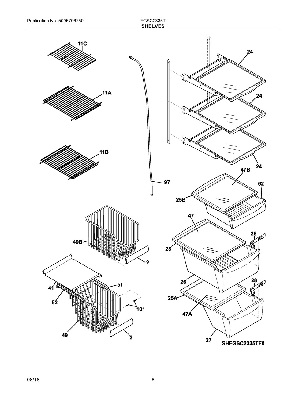 Shelves Diagram and Parts List for FGSC2335TD4  Frigidaire Refrigerator