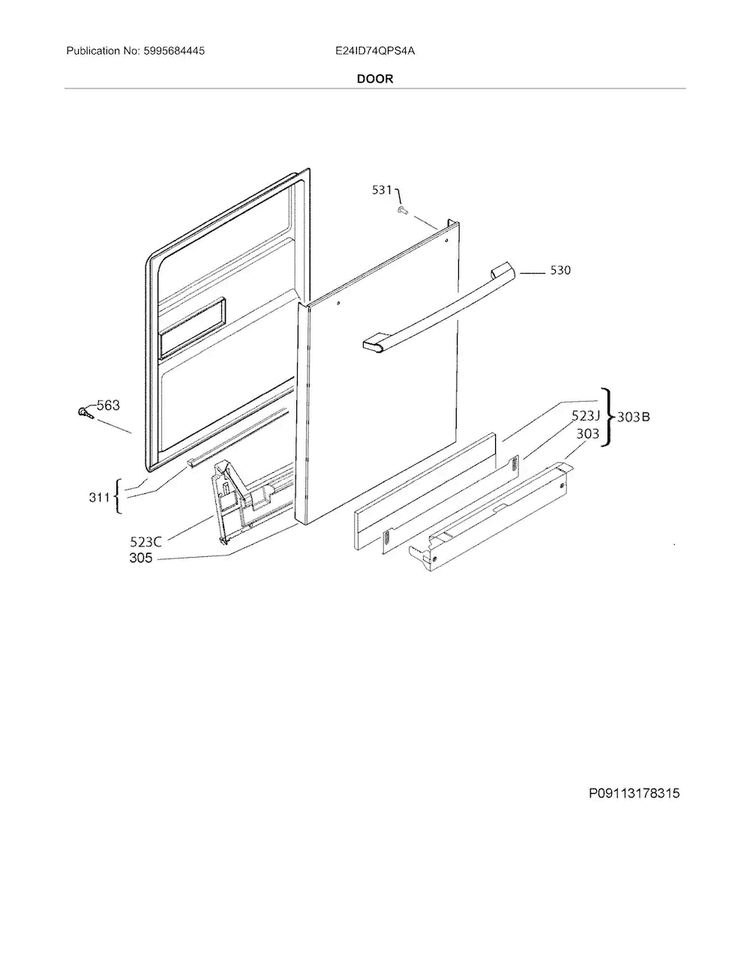 Door Diagram and Parts List for E24ID74QPS4A  Electrolux Dishwasher