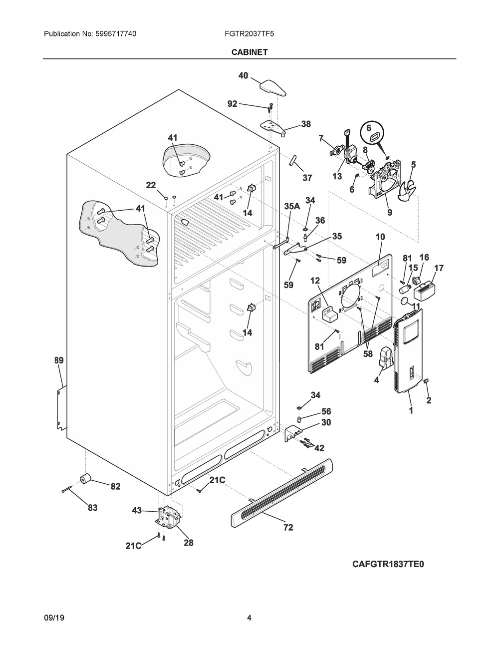 Cabinet Diagram and Parts List for FGTR2037TF5  Frigidaire Refrigerator