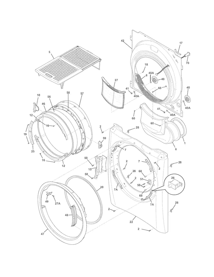 Front Panel/lint Filter Diagram and Parts List for EWMGD70JIW2  Electrolux Dryer