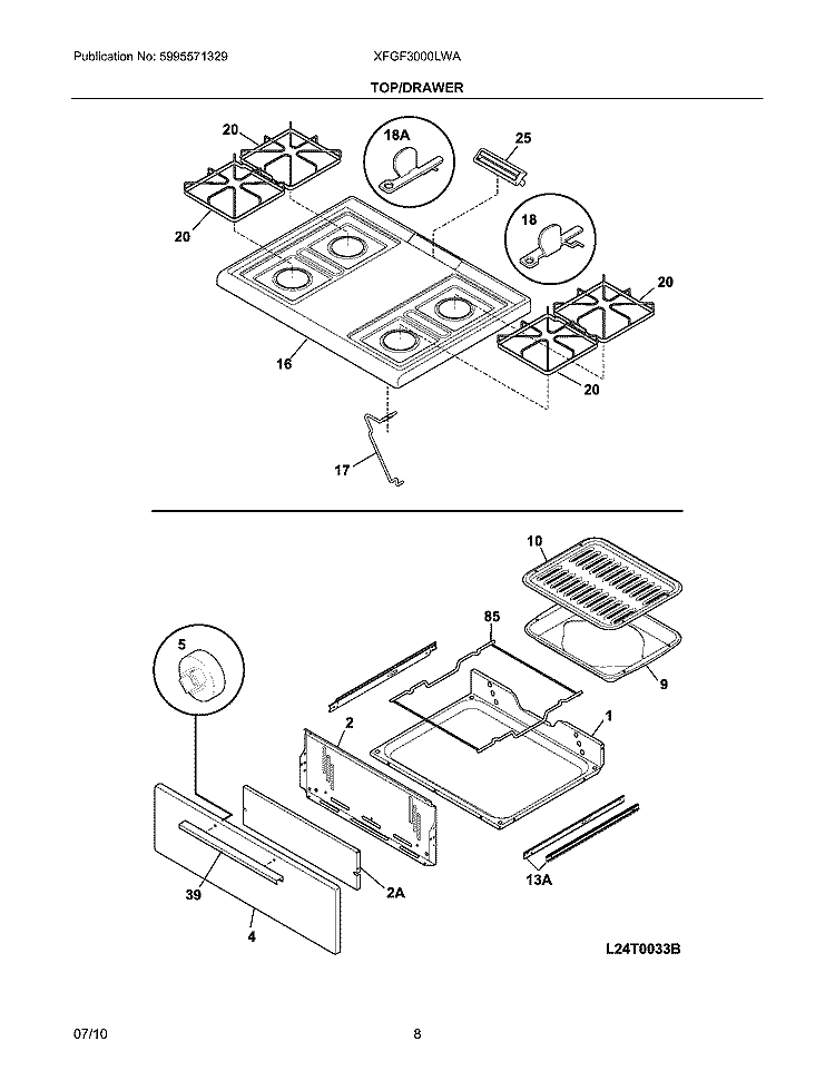 TOP/DRAWER Diagram and Parts List for XFGF3000LWA  Frigidaire Range