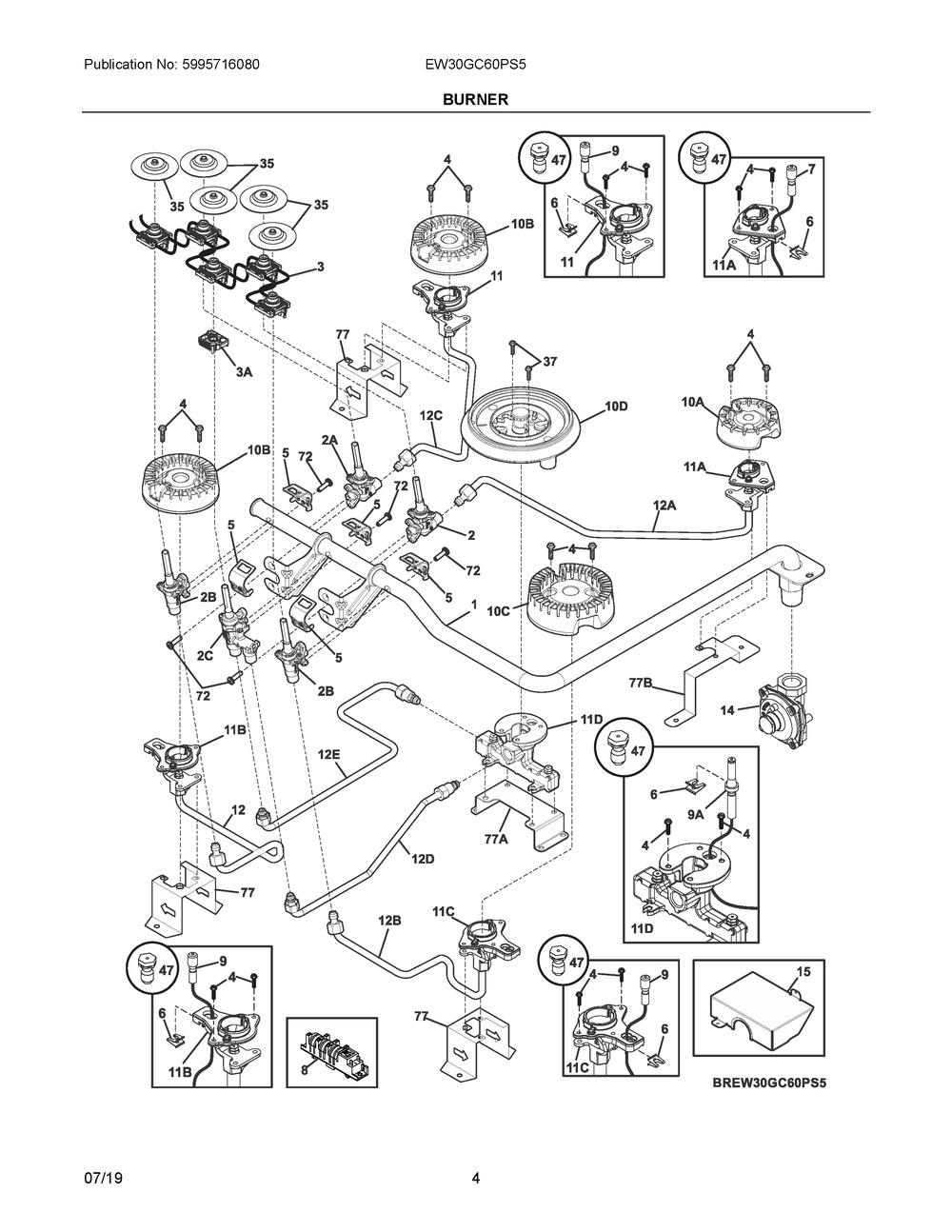 Burner Diagram and Parts List for EW30GC60PS5  Frigidaire Cooktop