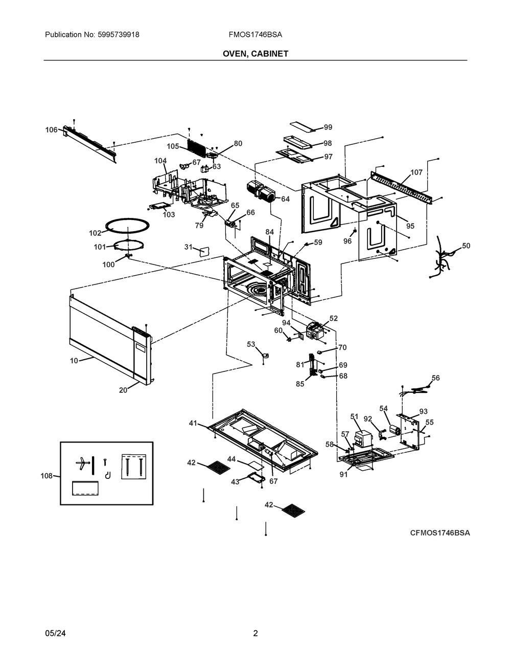 Oven, Cabinet Diagram and Parts List for FMOS1746BSA  Frigidaire Microwave