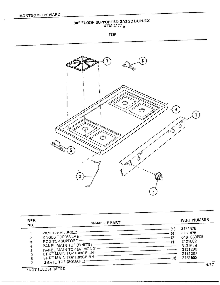 30" Floor/top Diagram and Parts List for 2477A  Frigidaire Range