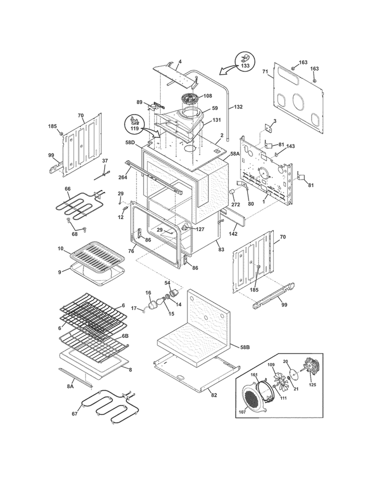 Upper Oven Diagram and Parts List for FGET2745KFB  Frigidaire Wall Oven