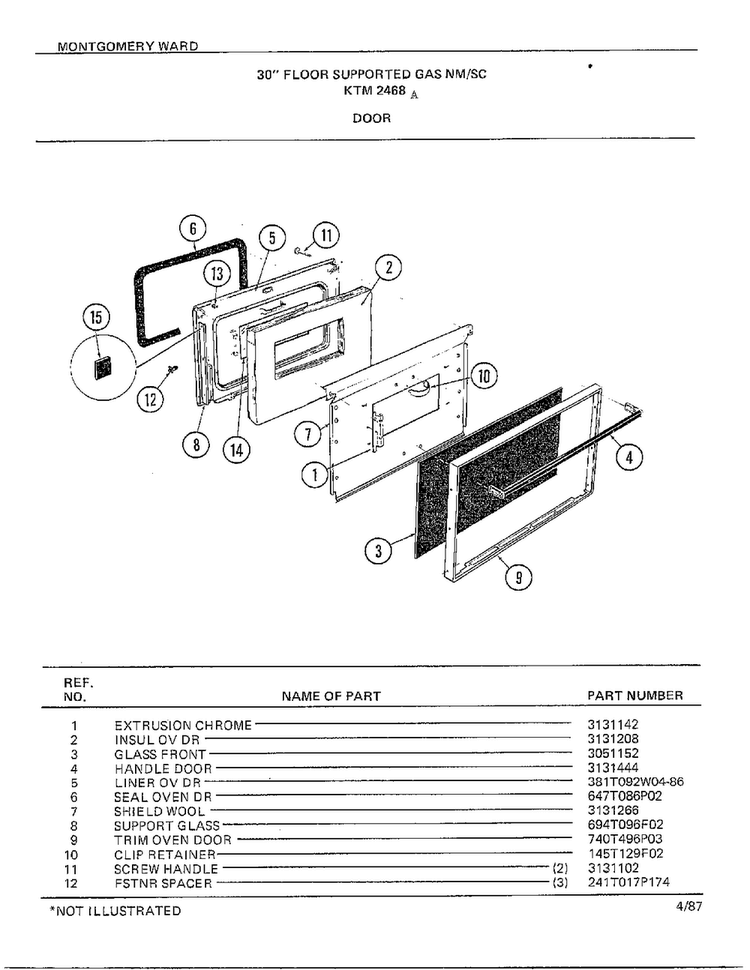 30" Floor/door Diagram and Parts List for 2468A  Frigidaire Range