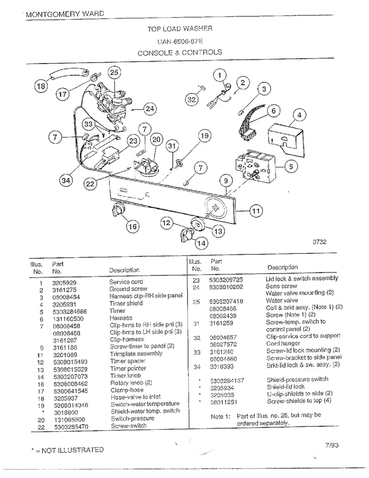 Top Load Washer/console And Controls Diagram and Parts List for 6506-87E  Frigidaire Washer