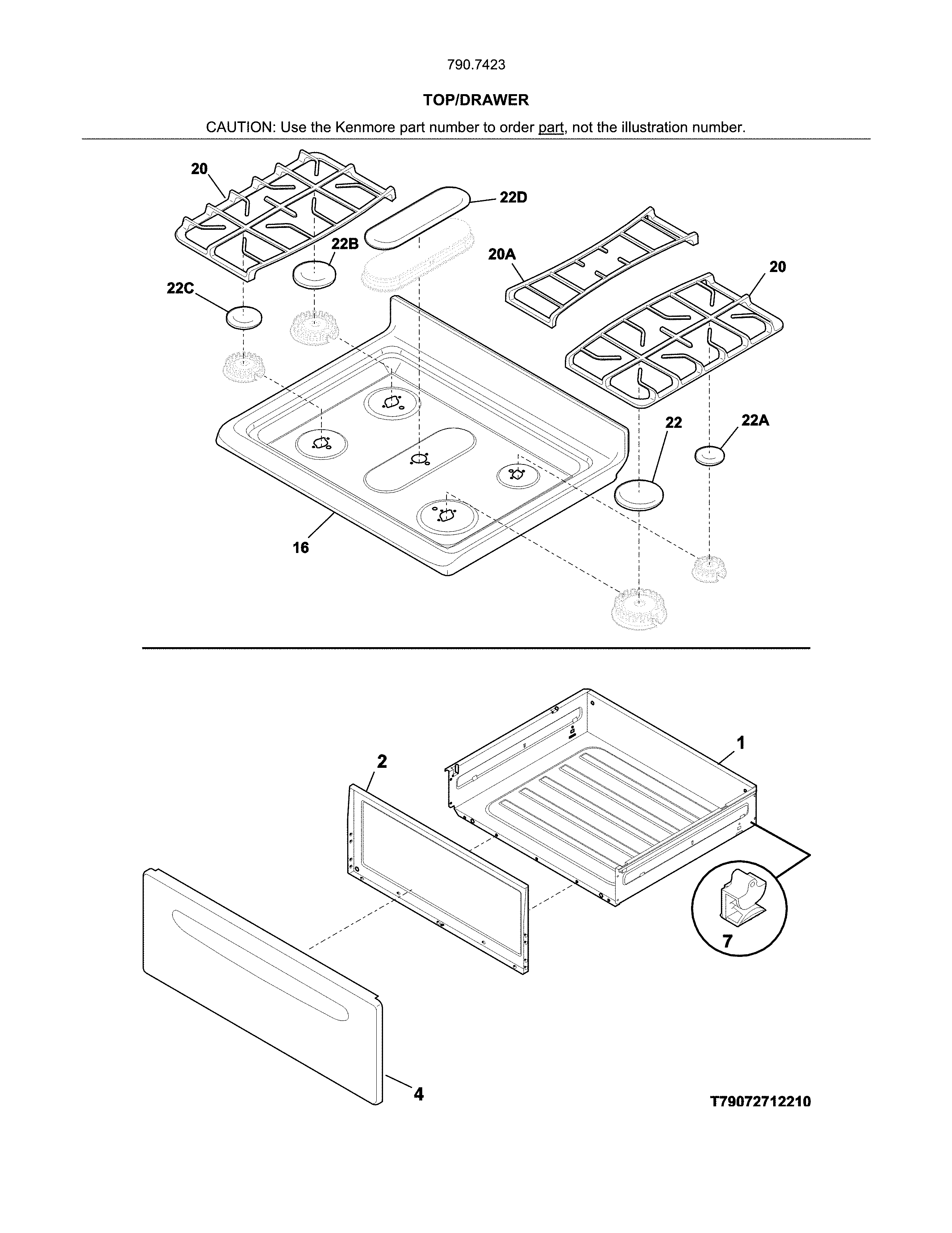 Top/drawer Diagram and Parts List for 79074232313  Kenmore Range