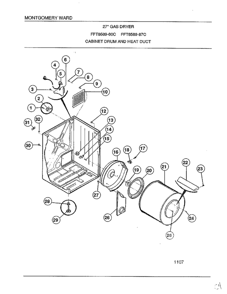 Cabinet Drum And Heat Duct Diagram and Parts List for 8589-80C  Frigidaire Dryer