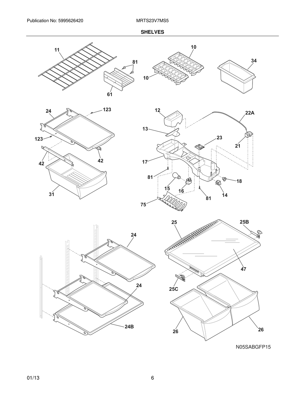 Shelves Diagram and Parts List for MRTS23V7MS5  Frigidaire Refrigerator