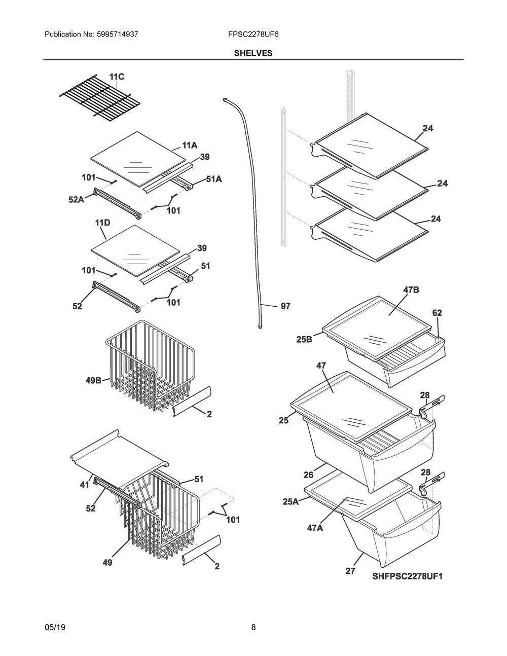 Shelves Diagram and Parts List for FPSC2278UF6  Frigidaire Refrigerator