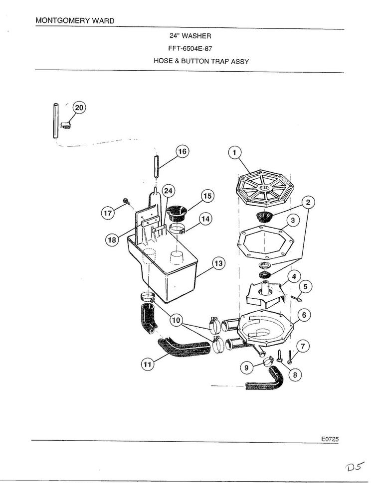 Pump, Hose And Button Trap Assembly Diagram and Parts List for 6504E  Frigidaire Washer