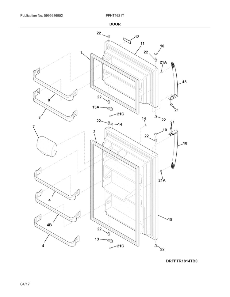 Doors Diagram and Parts List for FFHT1621TB0  Frigidaire Refrigerator