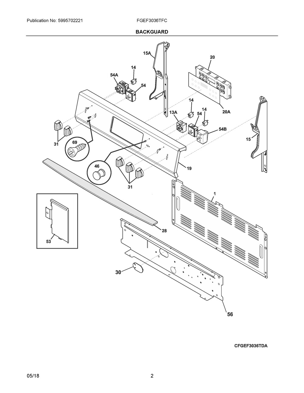 Backguard Diagram and Parts List for FGEF3036TFC  Frigidaire Range