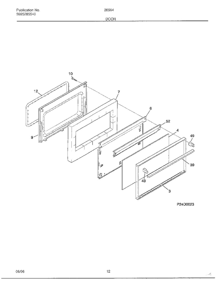 Door Diagram and Parts List for 285647D  Frigidaire Range
