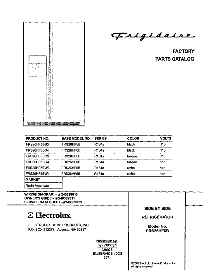 COVER Diagram and Parts List for FRS26HF6BQ4  Frigidaire Refrigerator