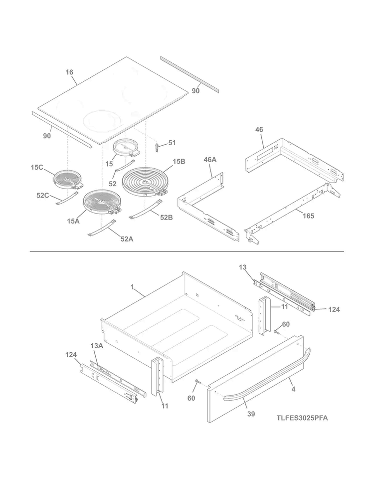 Top/drawer Diagram and Parts List for LFES3025PFG  Frigidaire Range