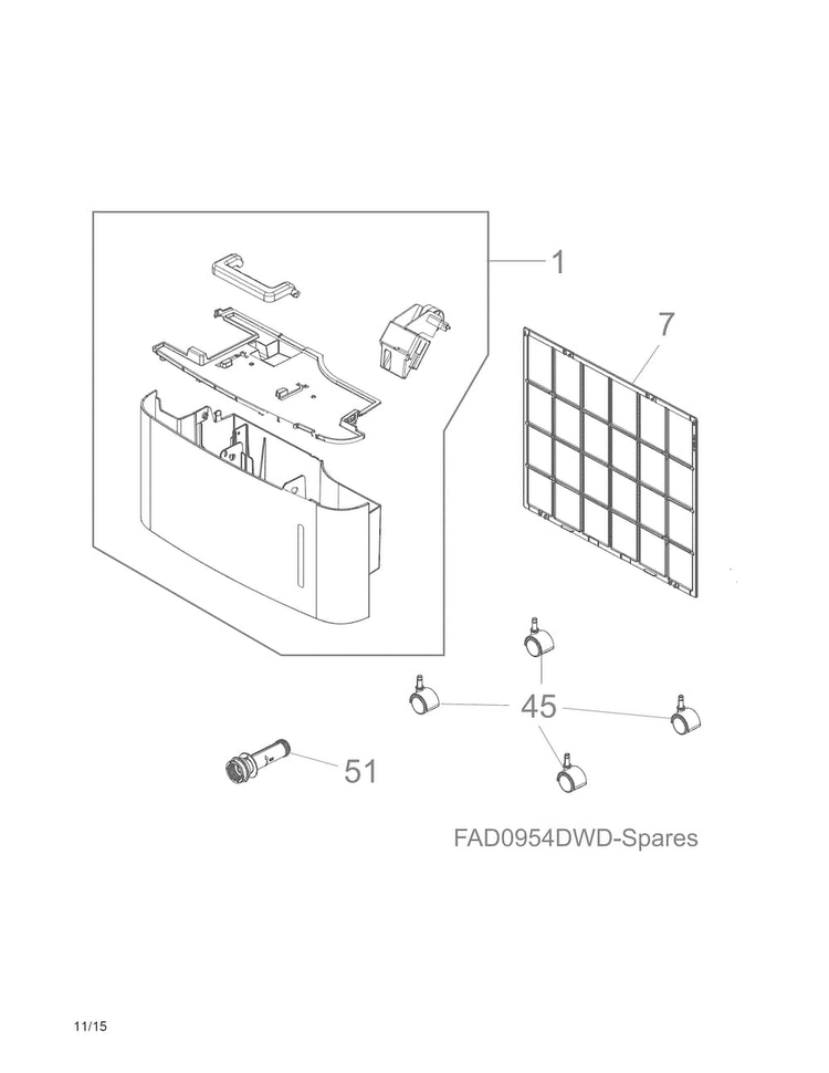 Recommended Spare Parts Diagram and Parts List for FAD954DWD0  Frigidaire Dehumidifier