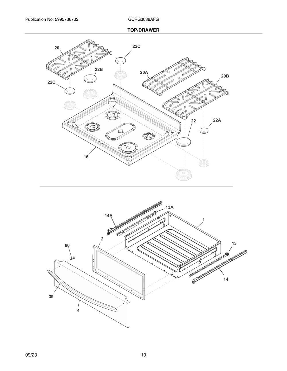 Top/Drawer Diagram and Parts List for GCRG3038AFG  Frigidaire Range