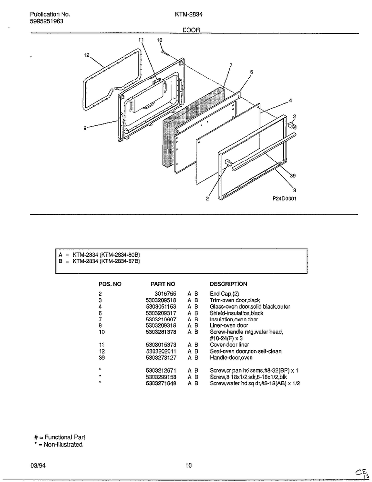 Door Diagram and Parts List for 2834-80B  Frigidaire Range