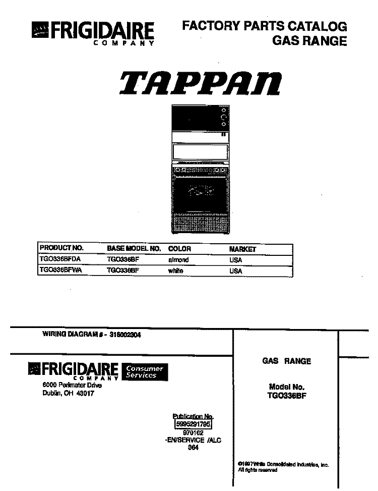 COVER Diagram and Parts List for TGO336BFDA  Tappan Range