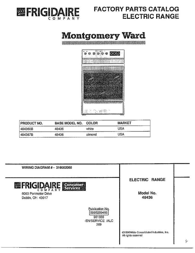 Electric Range Front Cover Diagram and Parts List for 484360B  Frigidaire Range