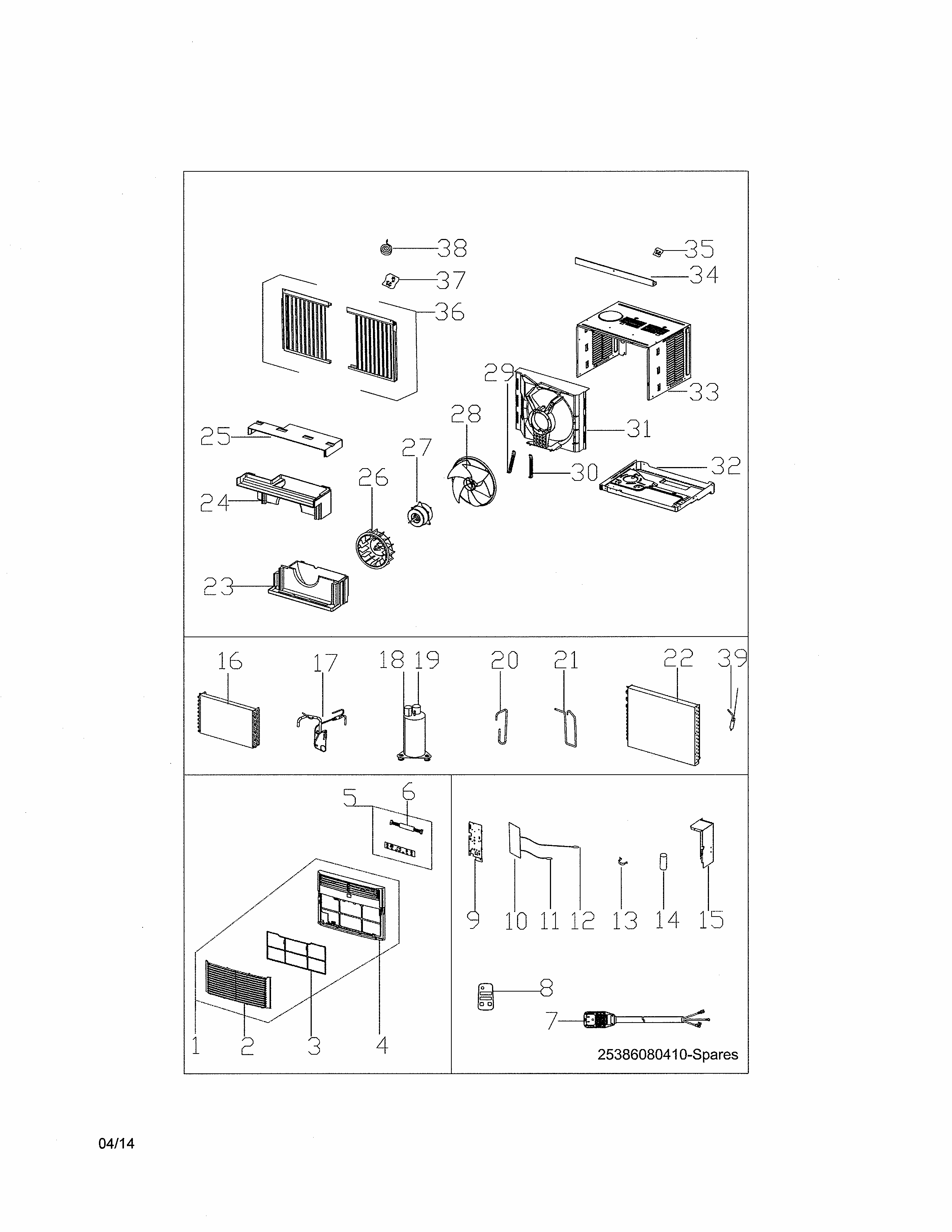 Room A/c Diagram and Parts List for 25386080410  Kenmore Air Conditioner